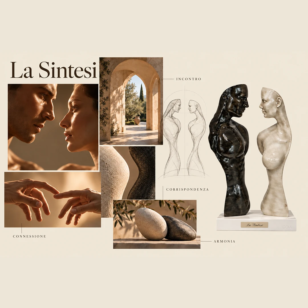 Tavola concettuale moodboard scultura La Sintesi regali originali per matrimonio Goia Argenti