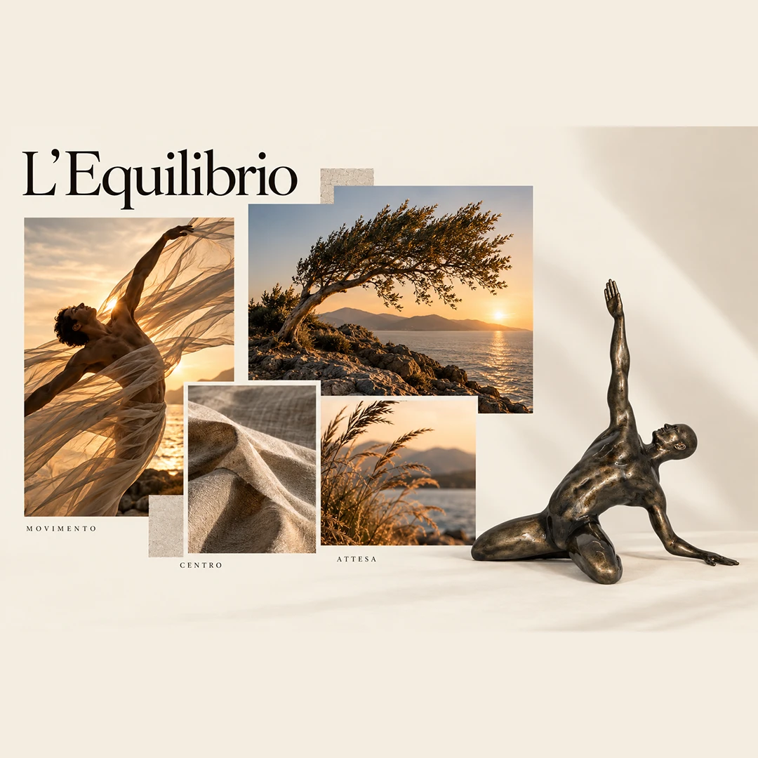 Tavola concettuale moodboard scultura L'Equilibrio nero soprammobili di lusso Goia Argenti