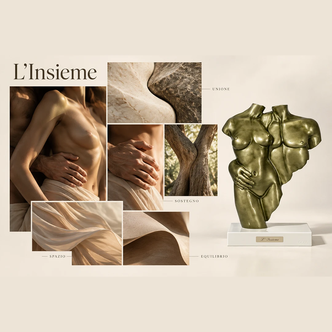 Tavola concettuale moodboard scultura L'Insieme verde soprammobili moderni Goia Argenti